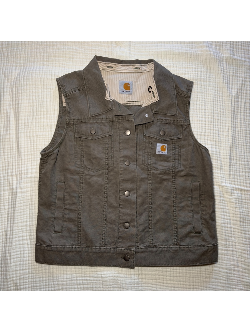 Carhartt Womens Green Khaki Utility Vest Button Front Workwear Sleeveless Jacket